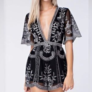 Honey Punch Black and Silver Floral Romper